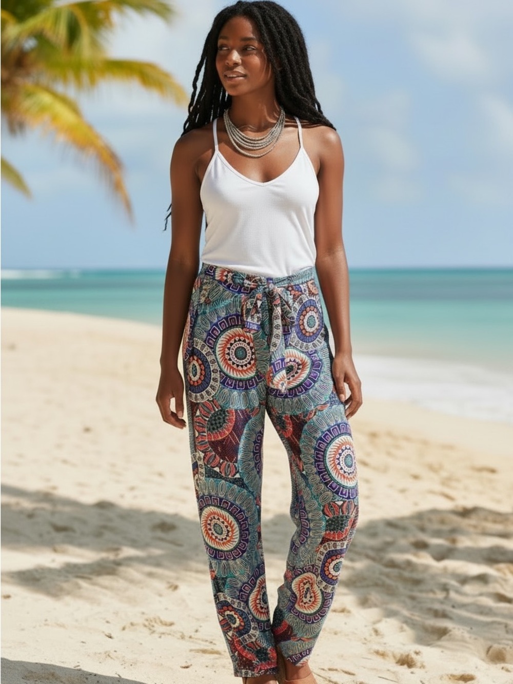 Printed Wide-Leg Tie-Waist Pants - Multicolor
